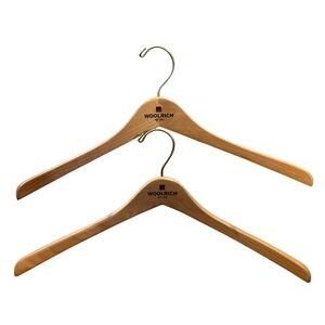 Woolrich Wooden Coat Hangers Set of 2‎ Natural Wood Gold Hook Logo EST 1830
